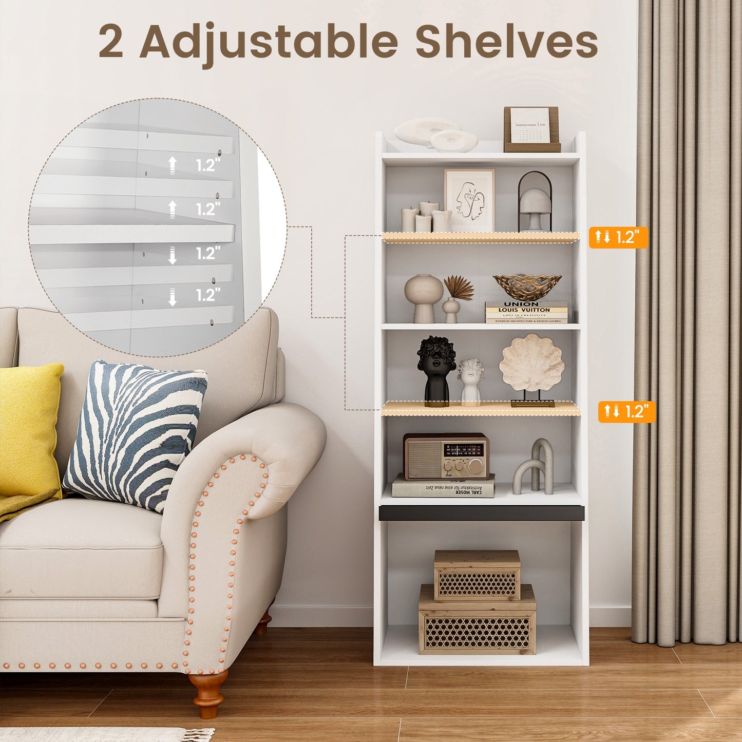 6-Tier Bookcase Freestanding Ladder Bookshelf with 2 Adjustable Shelves and Flip Up Door-White Kids Crystal