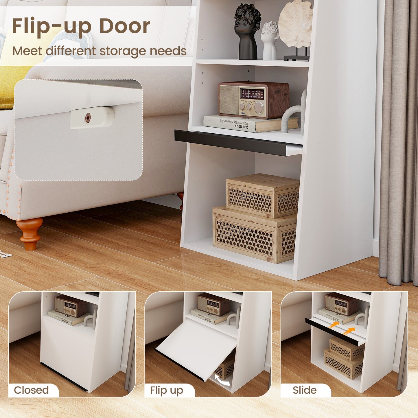 6-Tier Bookcase Freestanding Ladder Bookshelf with 2 Adjustable Shelves and Flip Up Door-White Kids Crystal