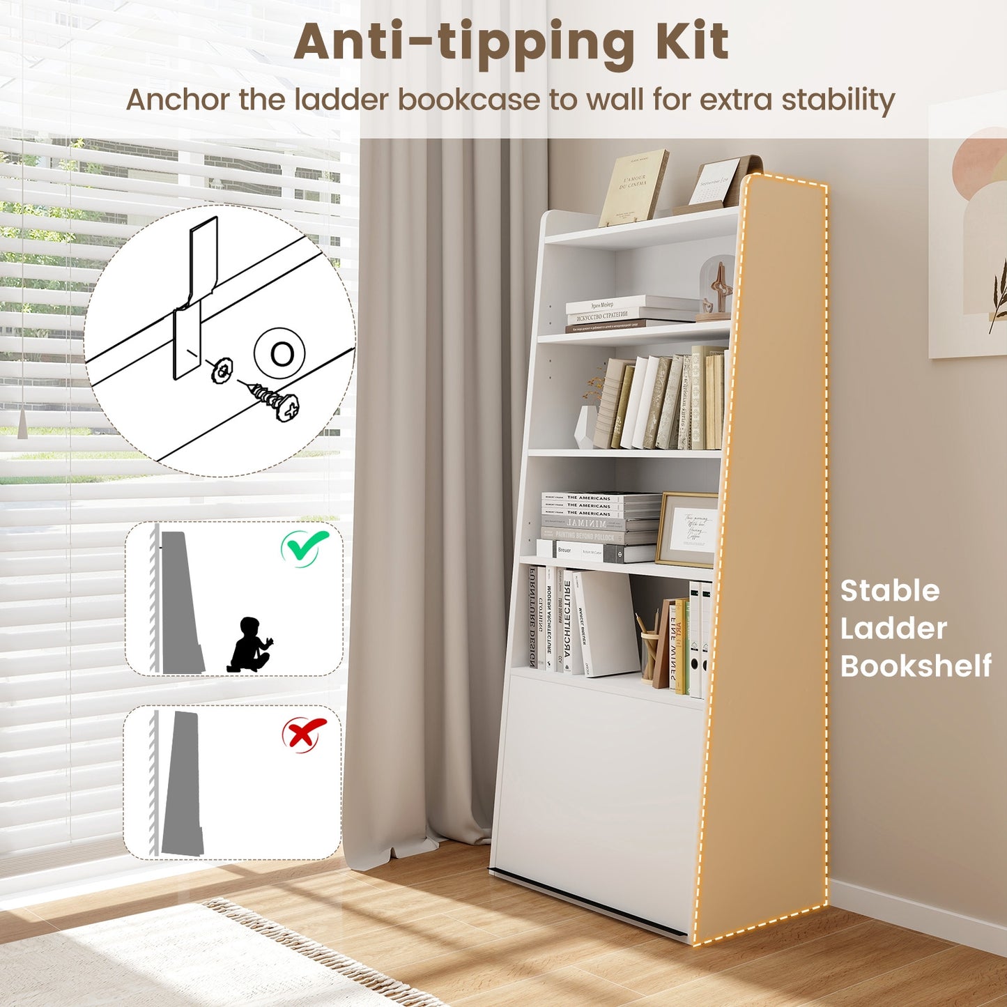 6-Tier Bookcase Freestanding Ladder Bookshelf with 2 Adjustable Shelves and Flip Up Door-White Kids Crystal