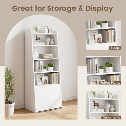 6-Tier Bookcase Freestanding Ladder Bookshelf with 2 Adjustable Shelves and Flip Up Door-White