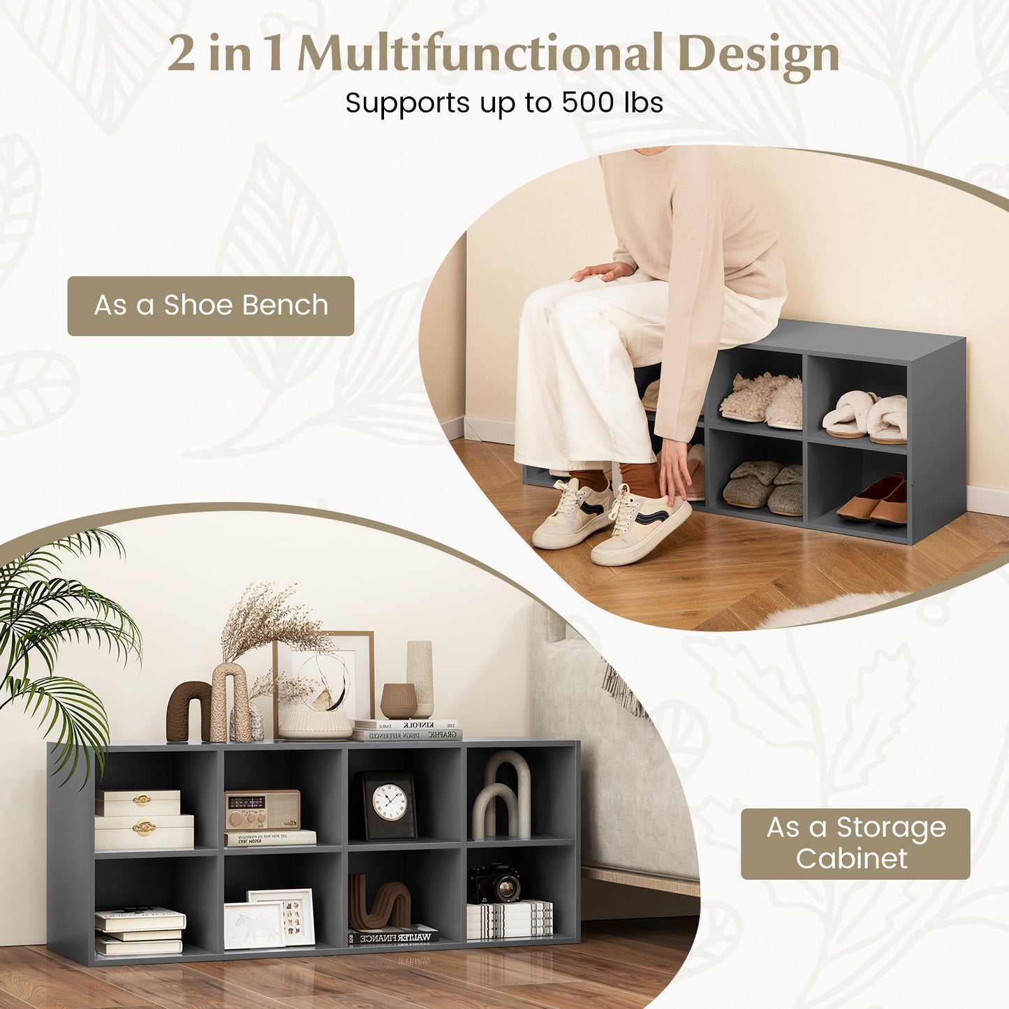 8 Cubbies Shoe Organizer with 500 LBS Weight Capacity-Gray Kids Crystal