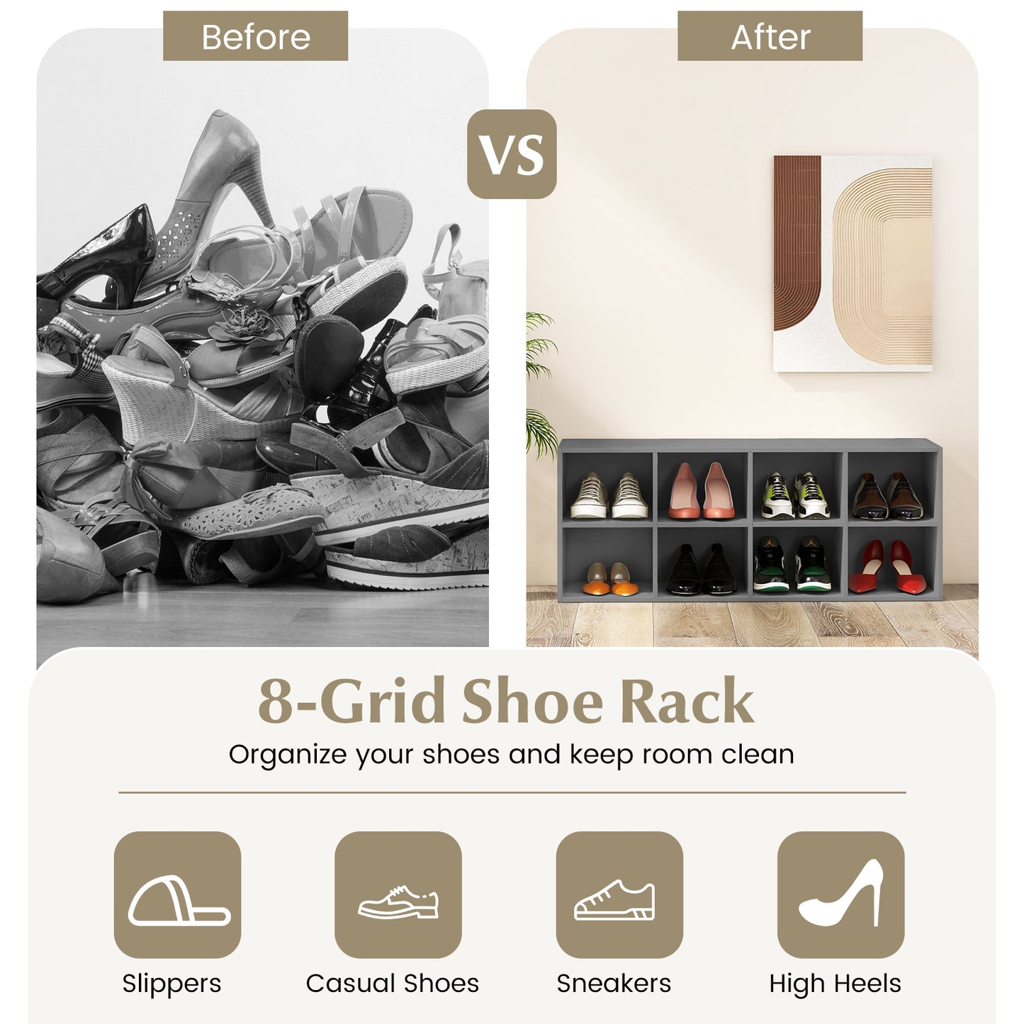 8 Cubbies Shoe Organizer with 500 LBS Weight Capacity-Gray Kids Crystal