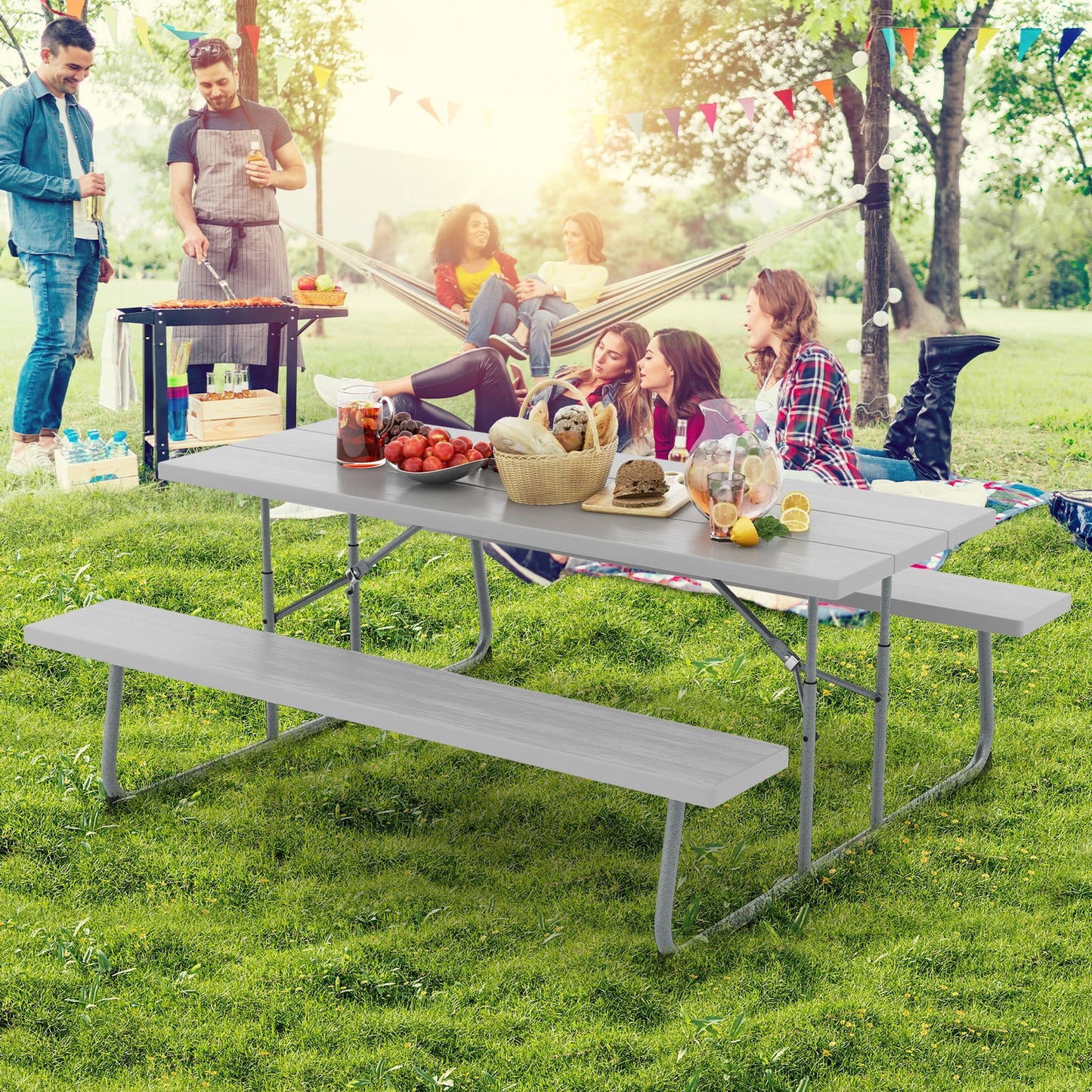Folding Picnic Table Set with Metal Frame and All-Weather HDPE Tabletop Umbrella Hole-Gray Kids Crystal