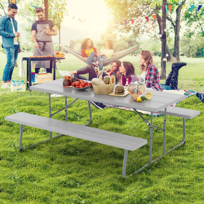 Folding Picnic Table Set with Metal Frame and All-Weather HDPE Tabletop Umbrella Hole-Gray