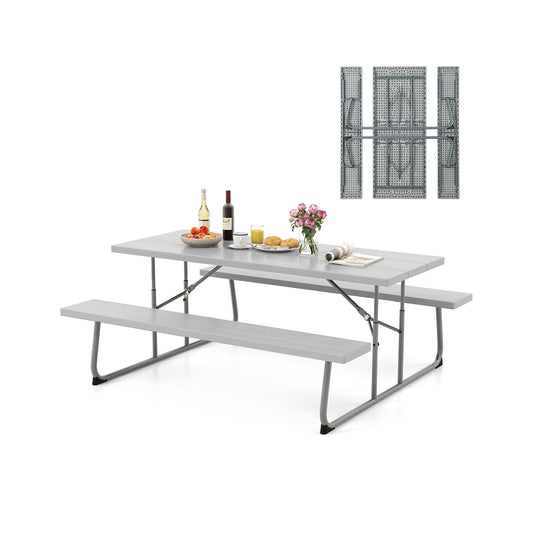 Folding Picnic Table Set with Metal Frame and All-Weather HDPE Tabletop Umbrella Hole-Gray Kids Crystal