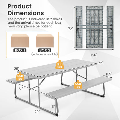 Folding Picnic Table Set with Metal Frame and All-Weather HDPE Tabletop Umbrella Hole-Gray