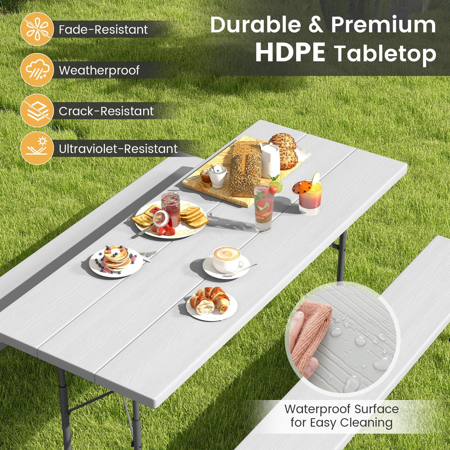 Folding Picnic Table Set with Metal Frame and All-Weather HDPE Tabletop Umbrella Hole-Gray Kids Crystal
