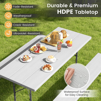 Folding Picnic Table Set with Metal Frame and All-Weather HDPE Tabletop Umbrella Hole-Gray