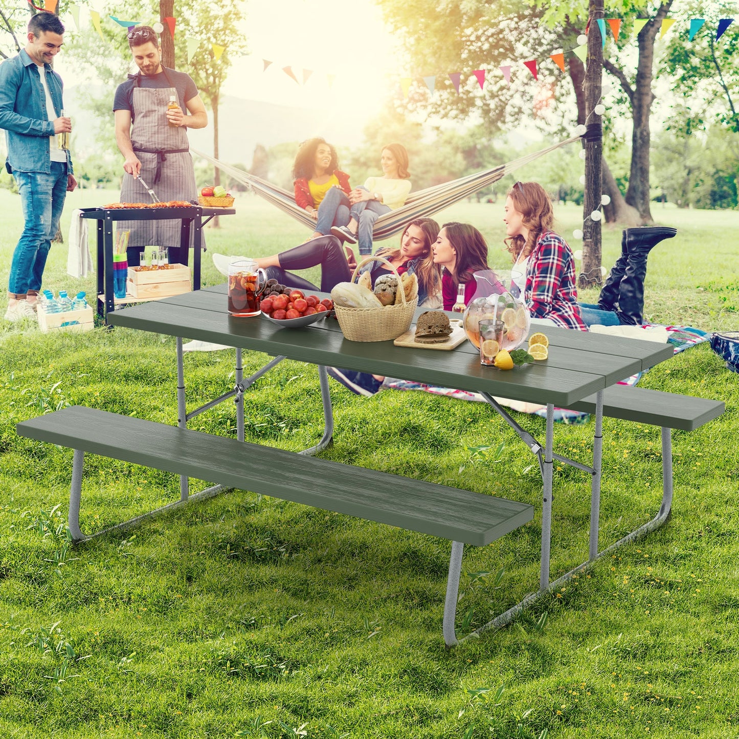 Folding Picnic Table Set with Metal Frame and All-Weather HDPE Tabletop Umbrella Hole-Green Kids Crystal