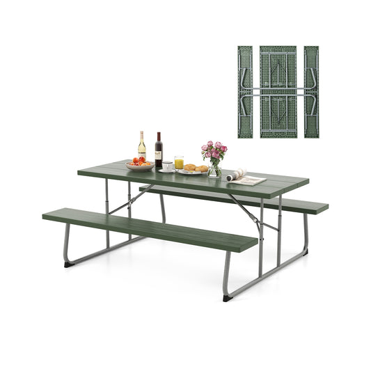 Folding Picnic Table Set with Metal Frame and All-Weather HDPE Tabletop Umbrella Hole-Green Kids Crystal