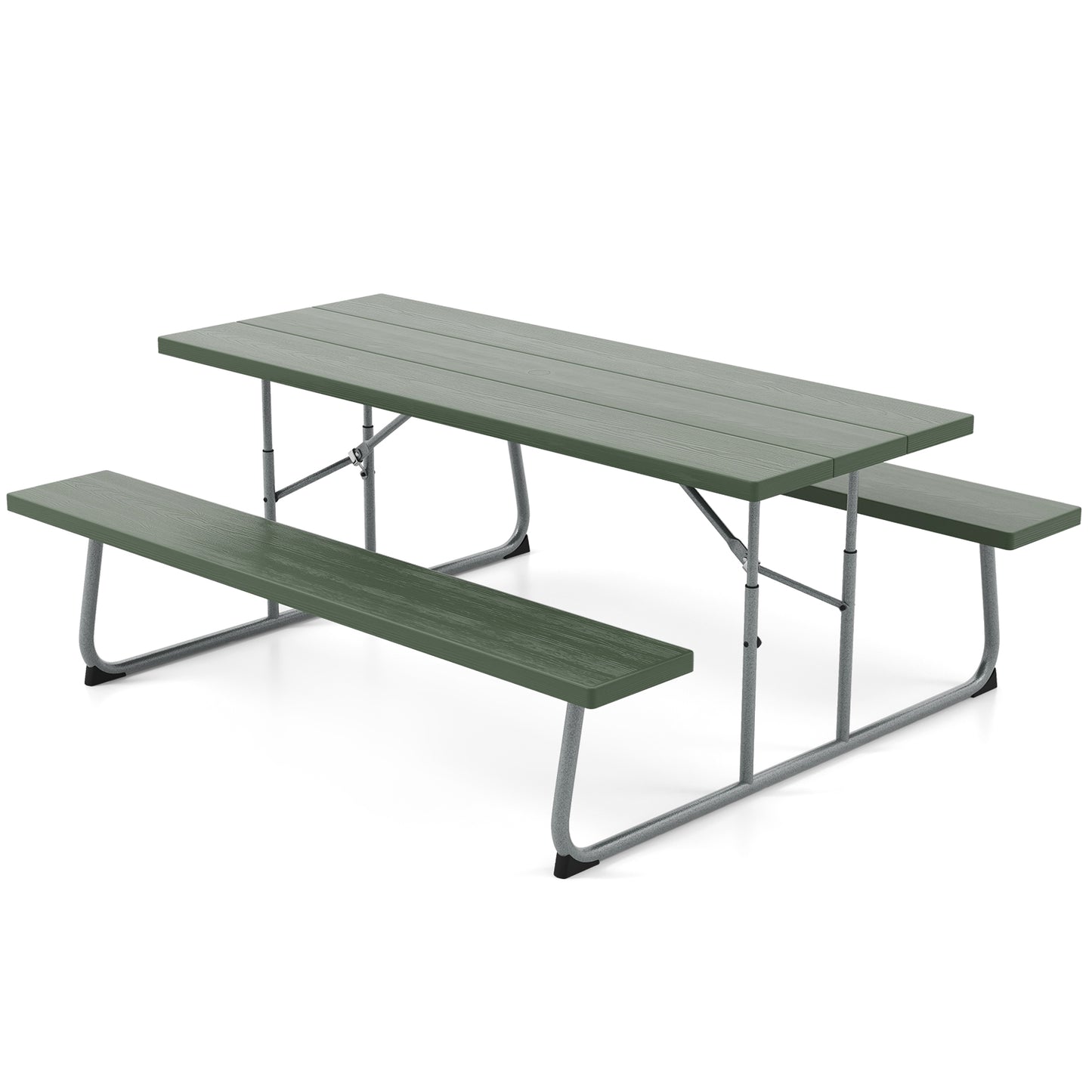 Folding Picnic Table Set with Metal Frame and All-Weather HDPE Tabletop Umbrella Hole-Green Kids Crystal