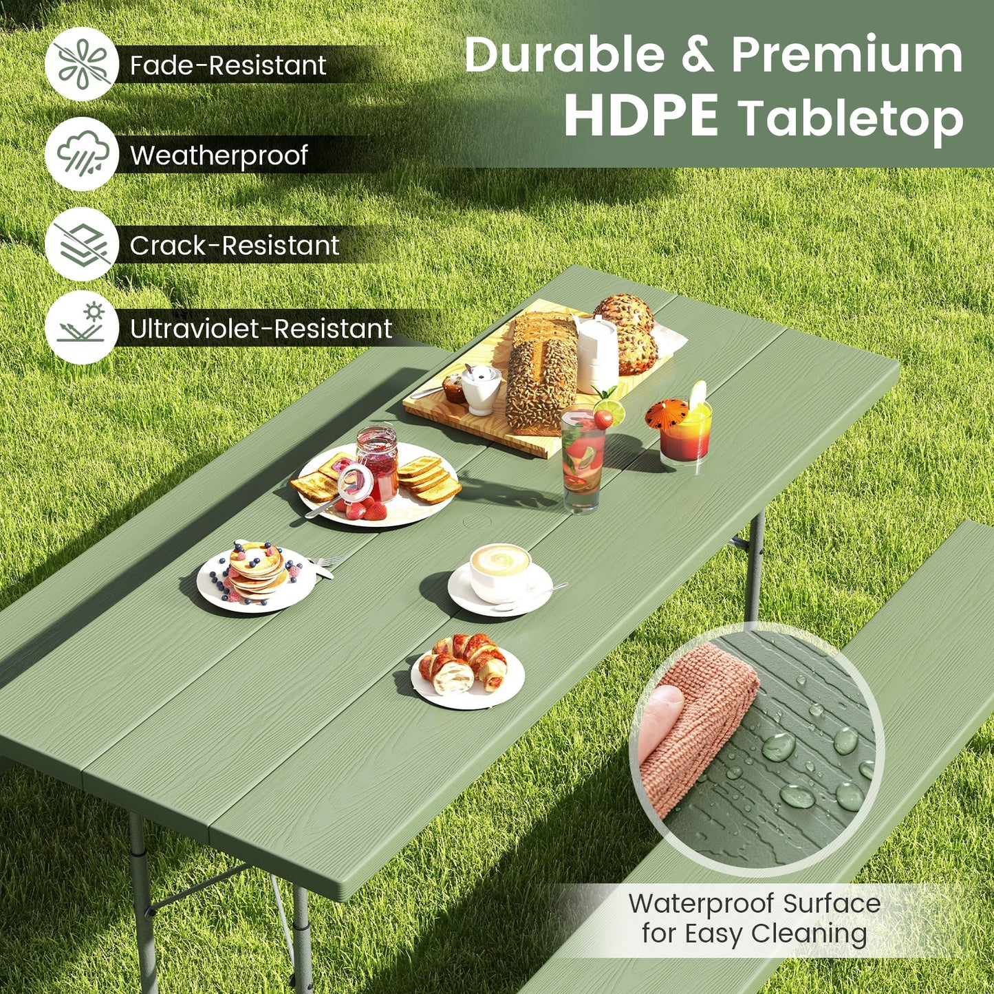 Folding Picnic Table Set with Metal Frame and All-Weather HDPE Tabletop Umbrella Hole-Green Kids Crystal