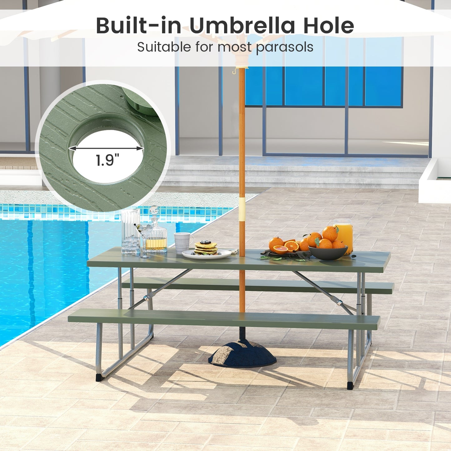Folding Picnic Table Set with Metal Frame and All-Weather HDPE Tabletop Umbrella Hole-Green Kids Crystal