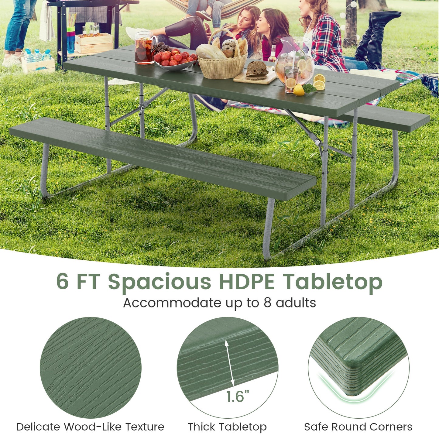 Folding Picnic Table Set with Metal Frame and All-Weather HDPE Tabletop Umbrella Hole-Green Kids Crystal