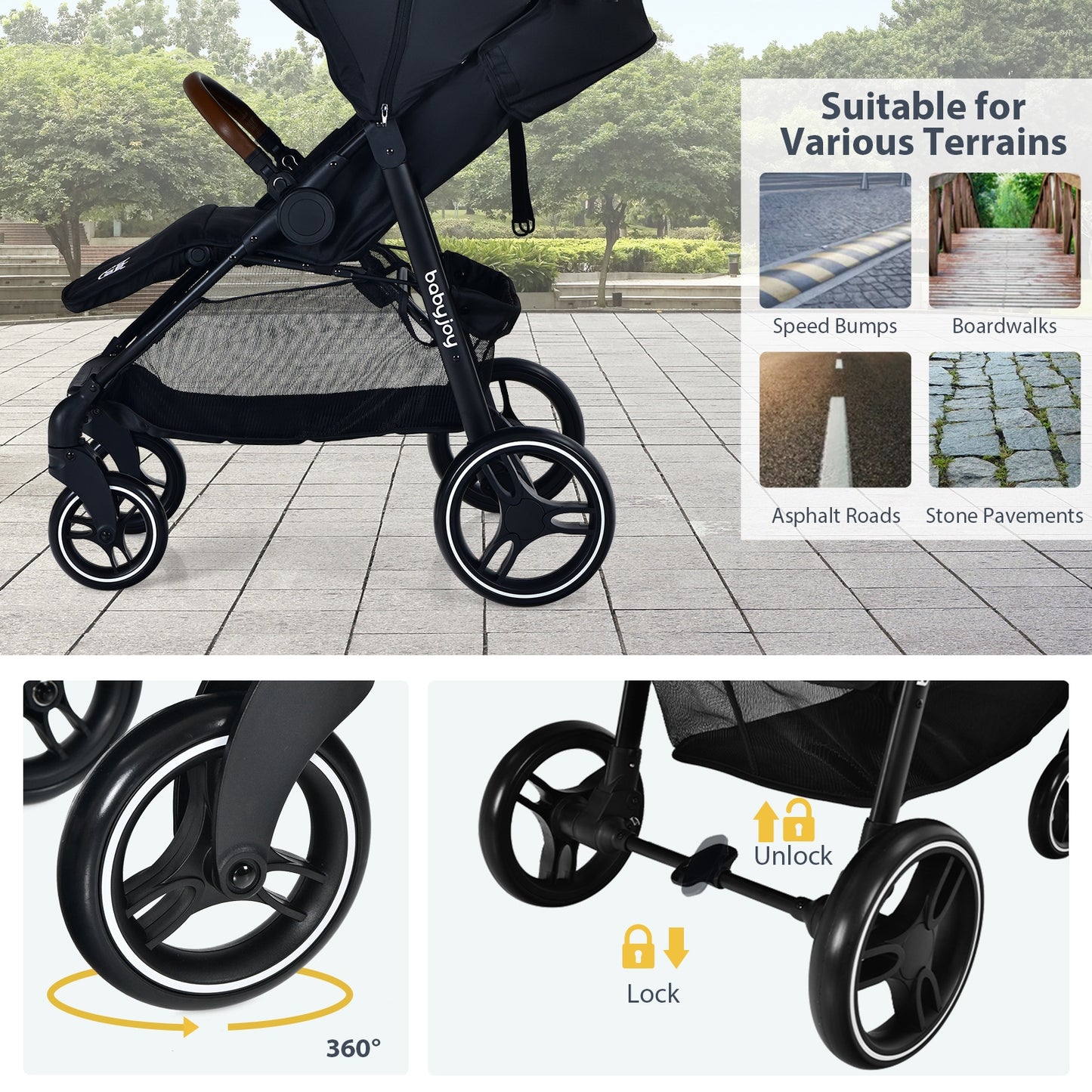 5-Point Harness Lightweight Infant Stroller with Foot Cover and Adjustable Backrest-Black Kids Crystal