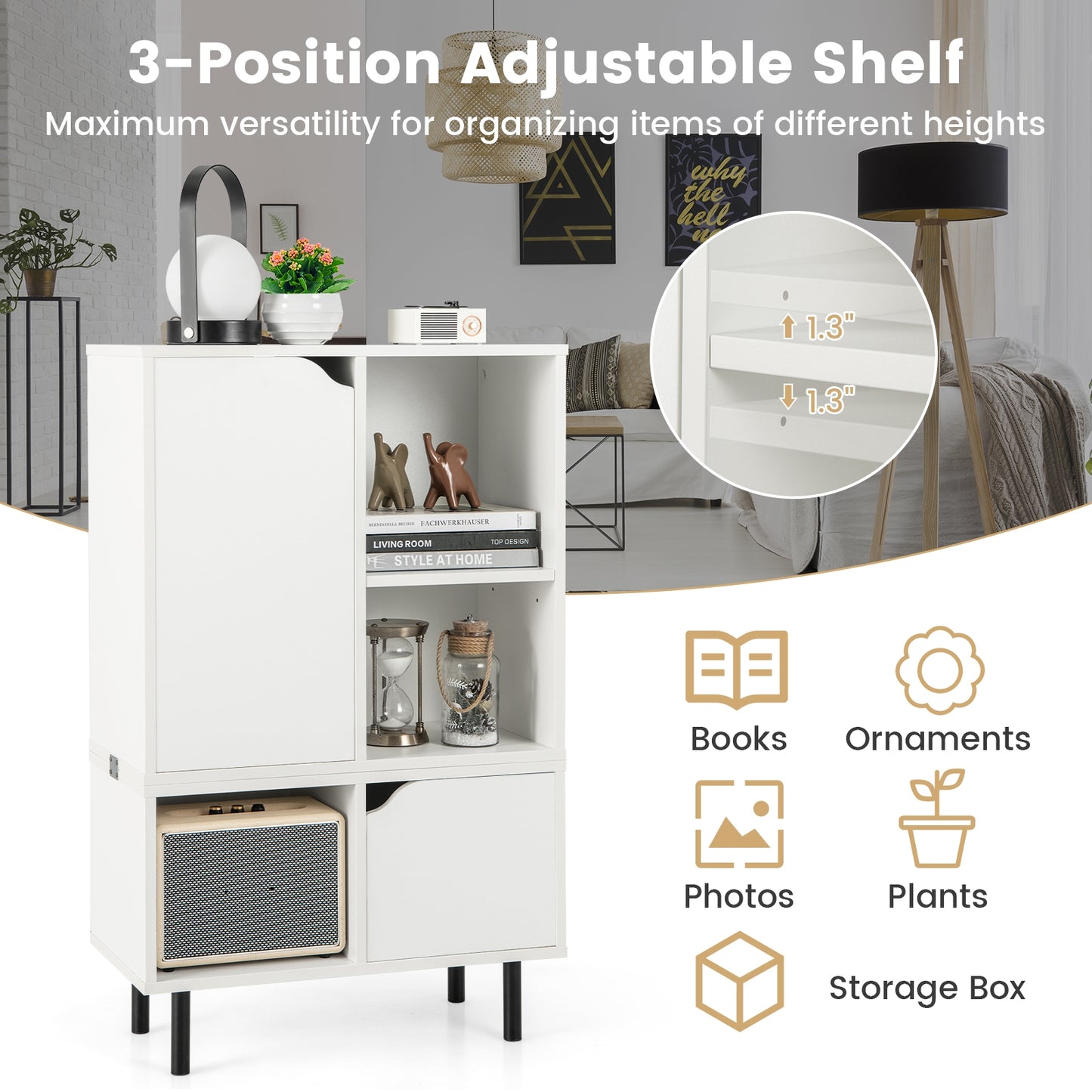 Stackable Bookcase with Adjustable Shelf and Cubes-White Kids Crystal