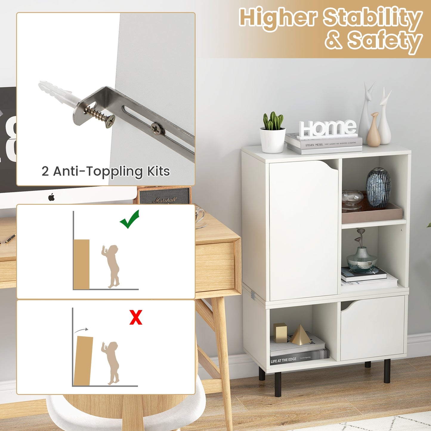 Stackable Bookcase with Adjustable Shelf and Cubes-White Kids Crystal