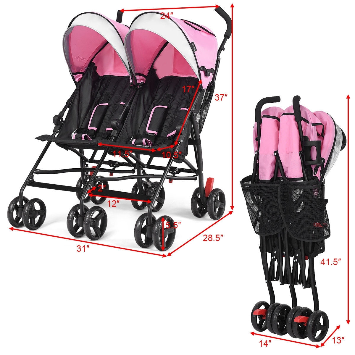 Foldable Twin Baby Double Stroller Ultralight Umbrella Kids Stroller-Pink Kids Crystal