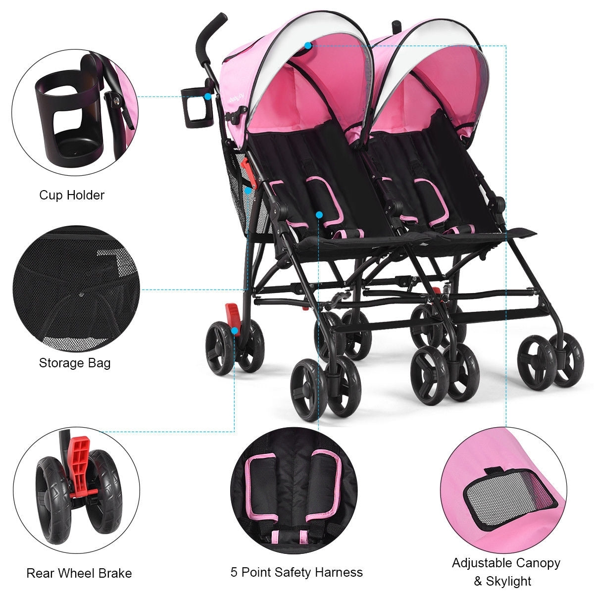 Foldable Twin Baby Double Stroller Ultralight Umbrella Kids Stroller-Pink Kids Crystal