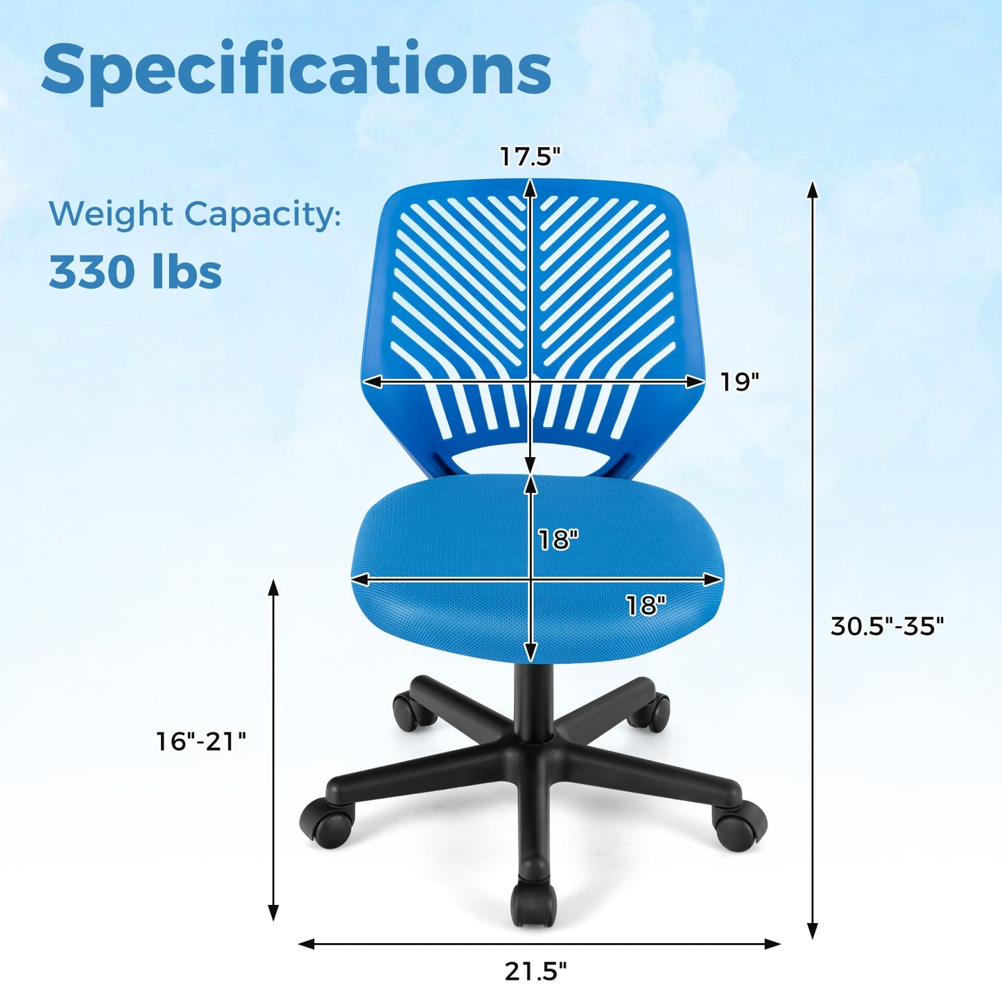 Height-adjustable Ergonomic Kids Desk Chair with Universal Casters-Blue Kids Crystal