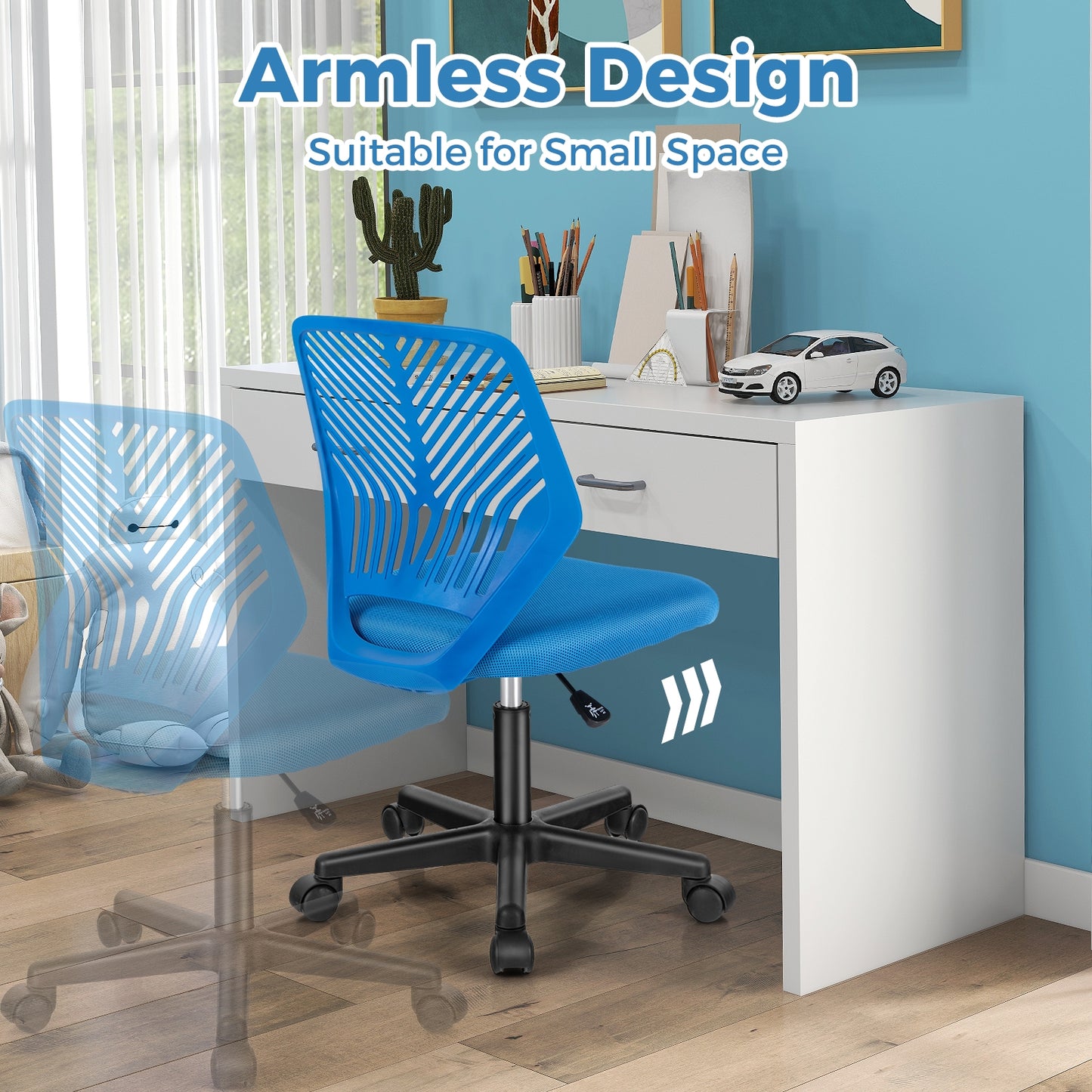 Height-adjustable Ergonomic Kids Desk Chair with Universal Casters-Blue Kids Crystal