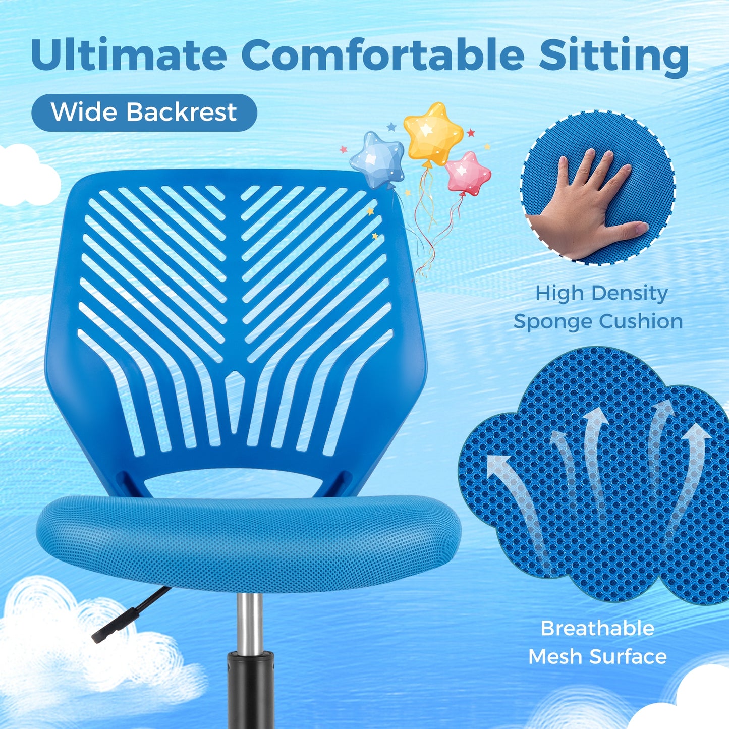 Height-adjustable Ergonomic Kids Desk Chair with Universal Casters-Blue Kids Crystal