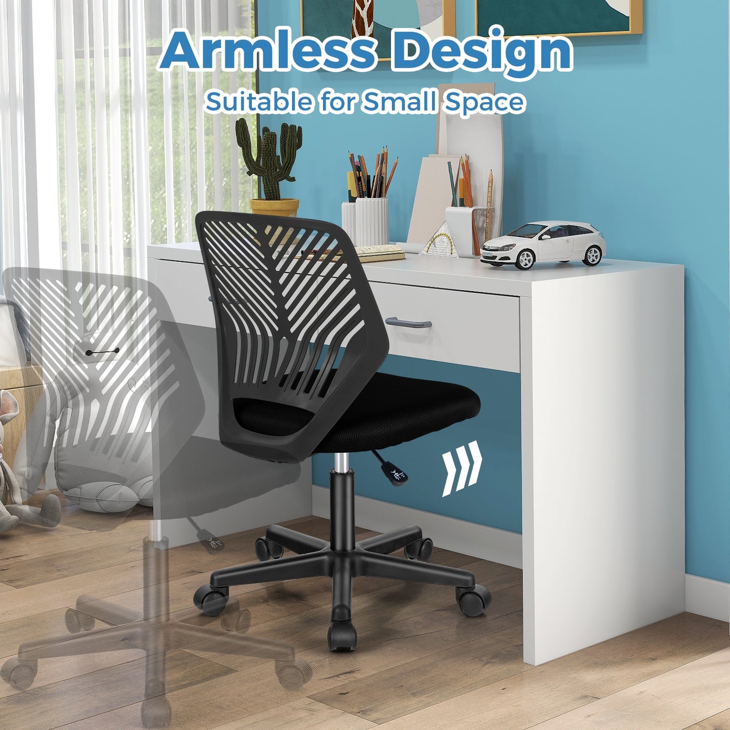 Height-adjustable Ergonomic Kids Desk Chair with Universal Casters-Black Kids Crystal