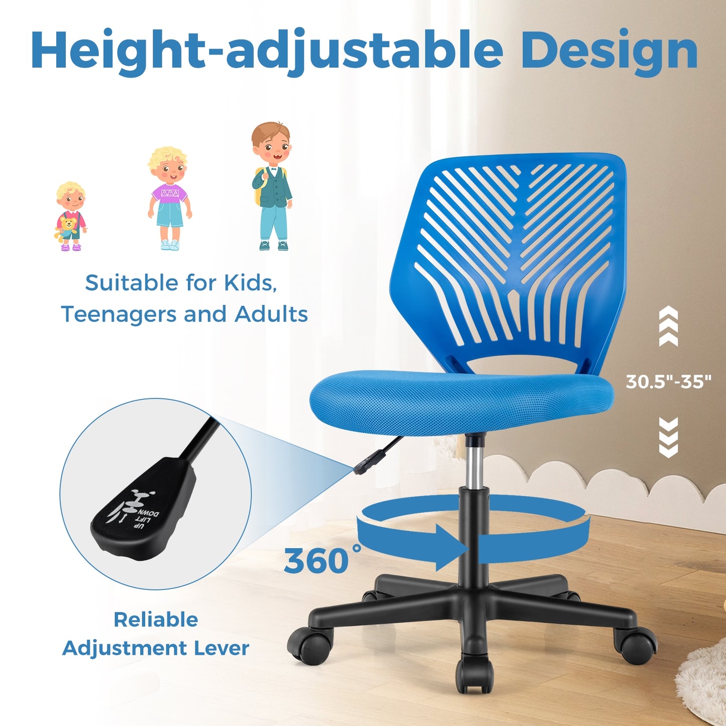 Height-adjustable Ergonomic Kids Desk Chair with Universal Casters-Blue Kids Crystal