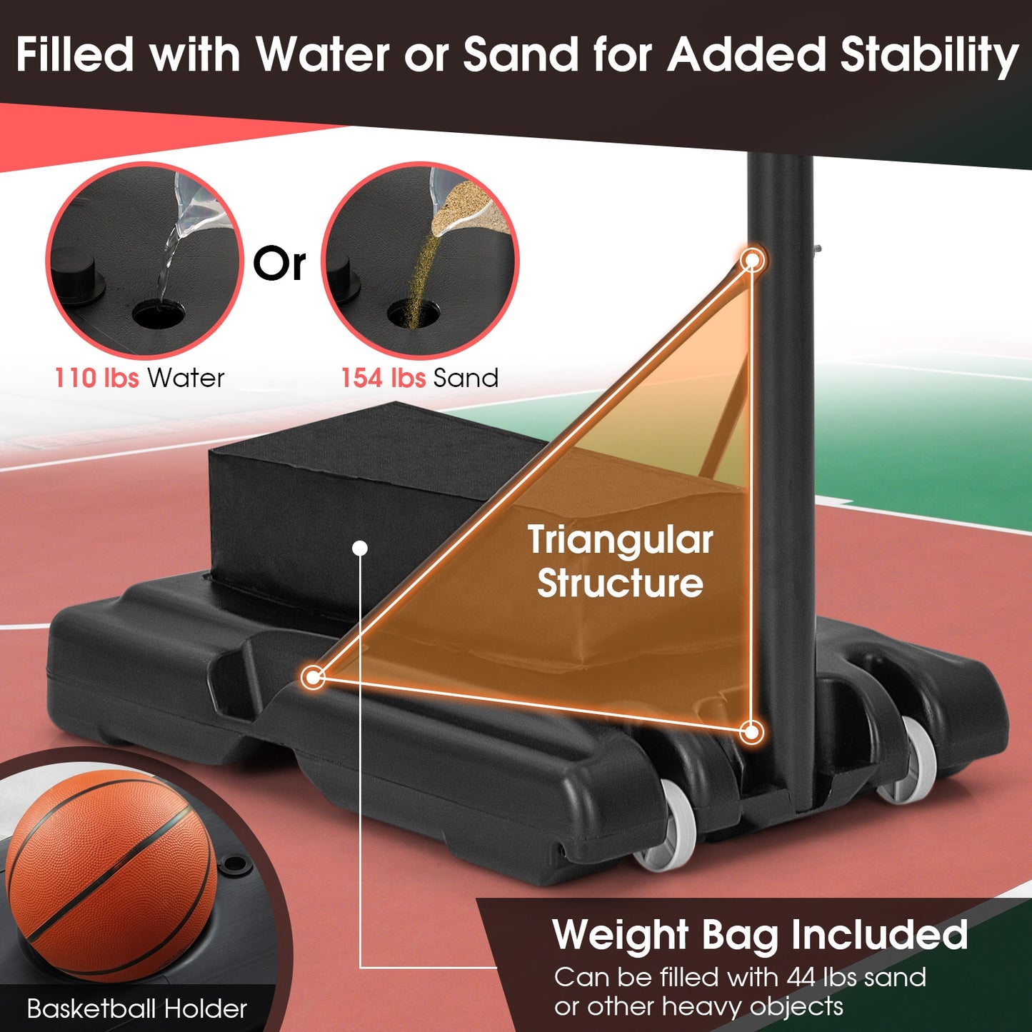 4.4-10 Feet Adjustable Basketball Hoop System with Weight Bag and 2 Nets Kids Crystal