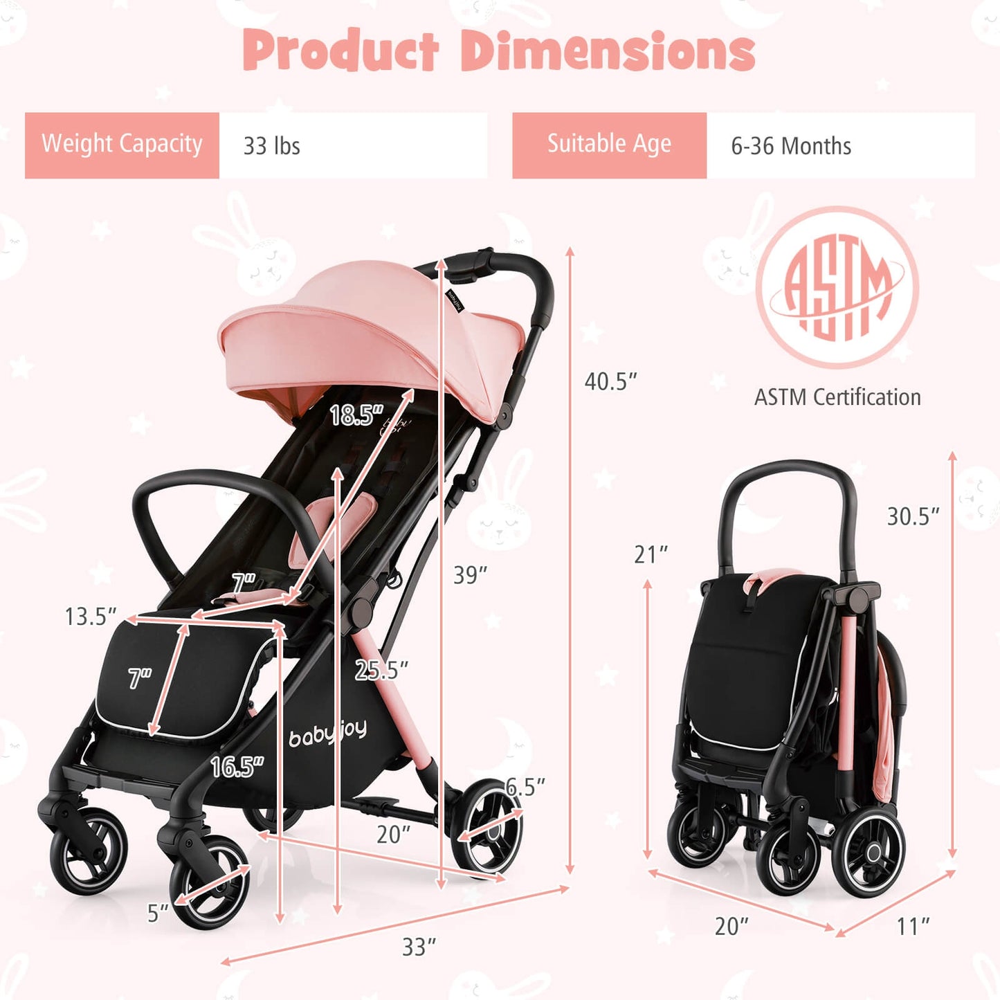One-Hand Folding Portable Lightweight Baby Stroller with Aluminum Frame-Pink Kids Crystal