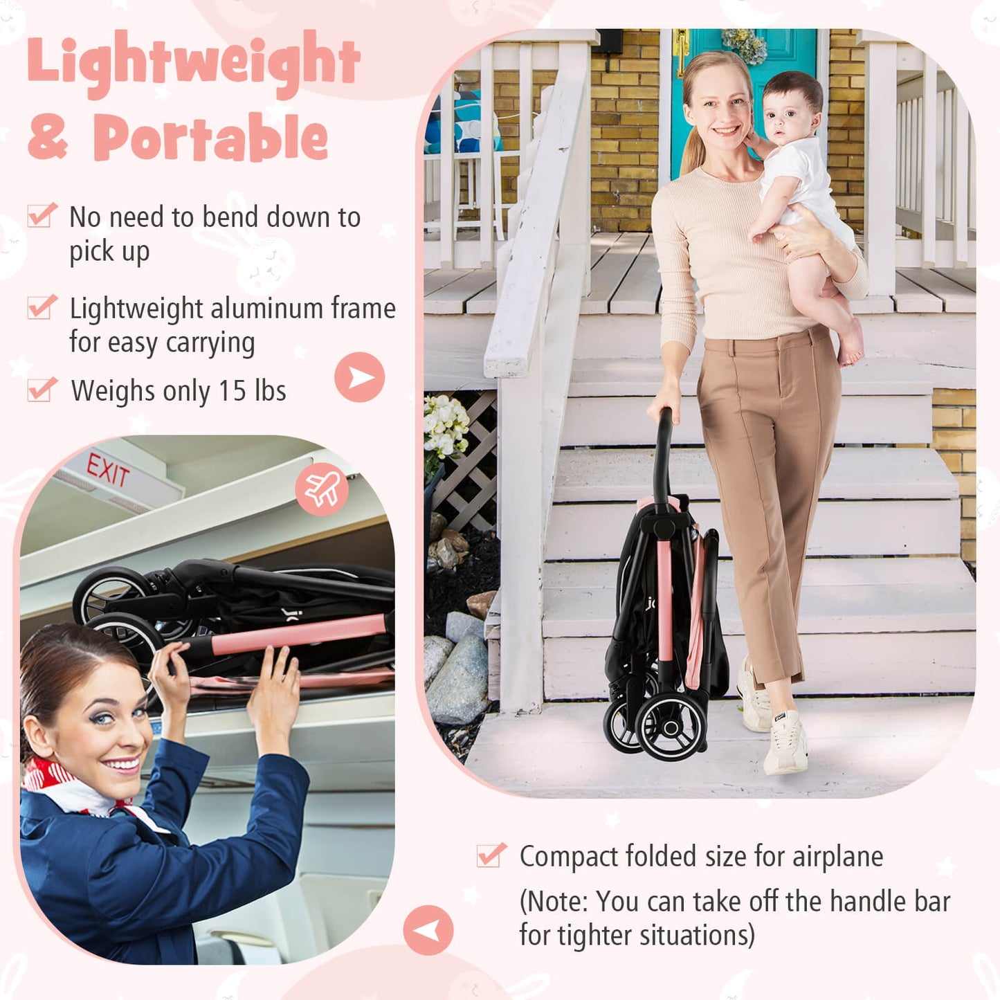 One-Hand Folding Portable Lightweight Baby Stroller with Aluminum Frame-Pink Kids Crystal