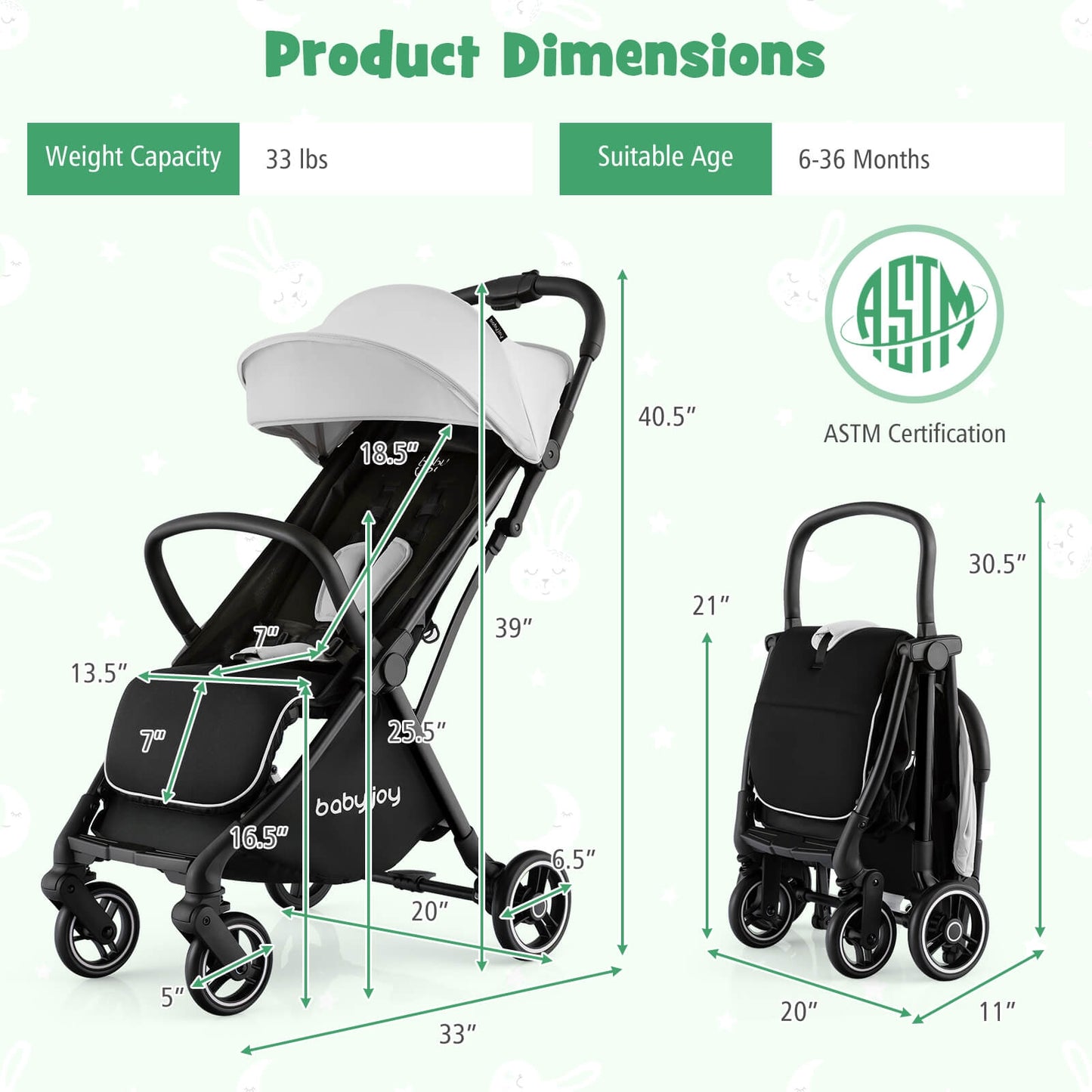 One-Hand Folding Portable Lightweight Baby Stroller with Aluminum Frame-Gray Kids Crystal