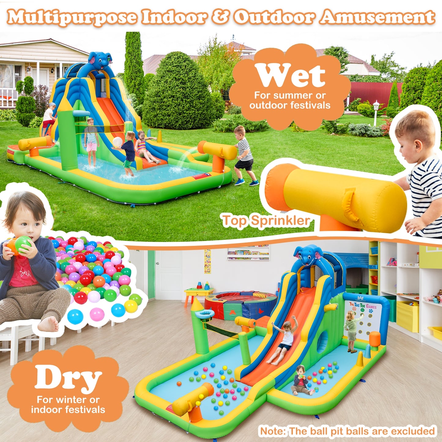 Inflatable Water Slide with Splash Pool and Climbing Wall for Oudoor Indoor without Blower Kids Crystal