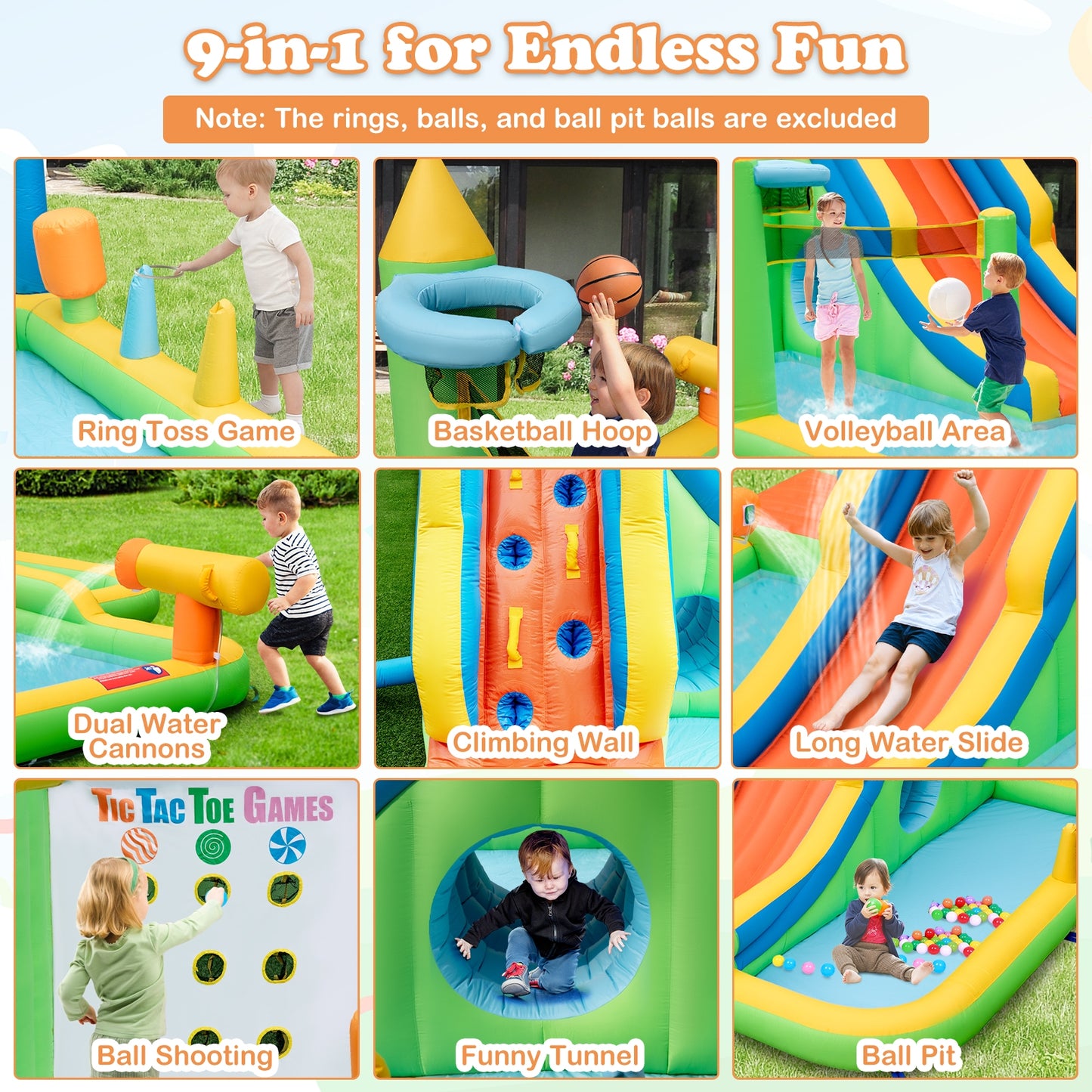 Inflatable Water Slide with Splash Pool and Climbing Wall for Oudoor Indoor without Blower Kids Crystal