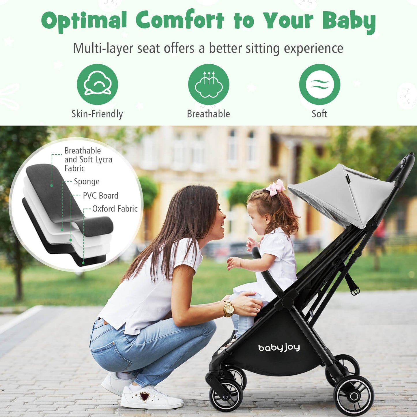 One-Hand Folding Portable Lightweight Baby Stroller with Aluminum Frame-Gray Kids Crystal