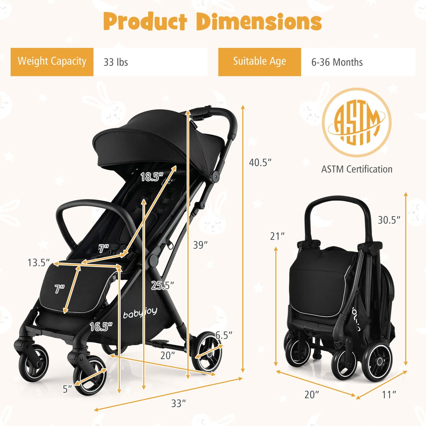 One-Hand Folding Portable Lightweight Baby Stroller with Aluminum Frame-Black Kids Crystal