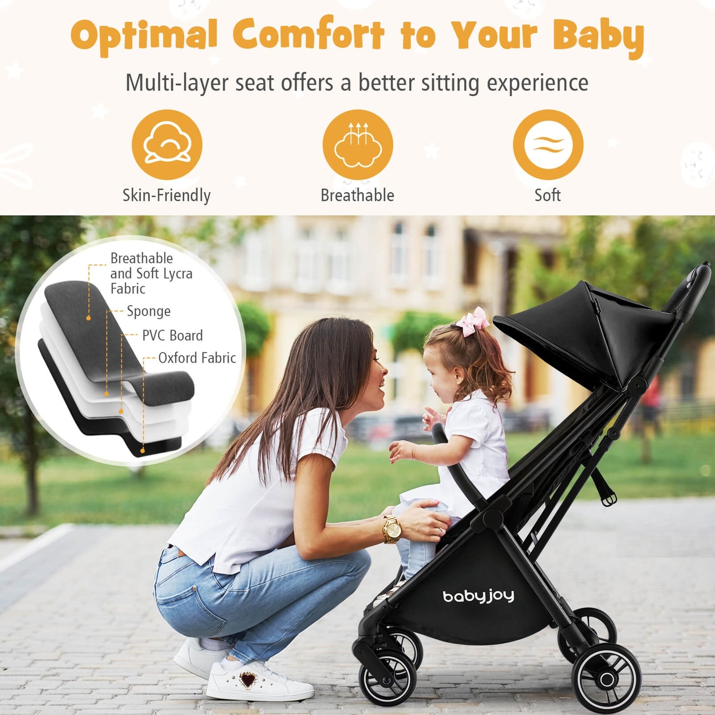 One-Hand Folding Portable Lightweight Baby Stroller with Aluminum Frame-Black Kids Crystal