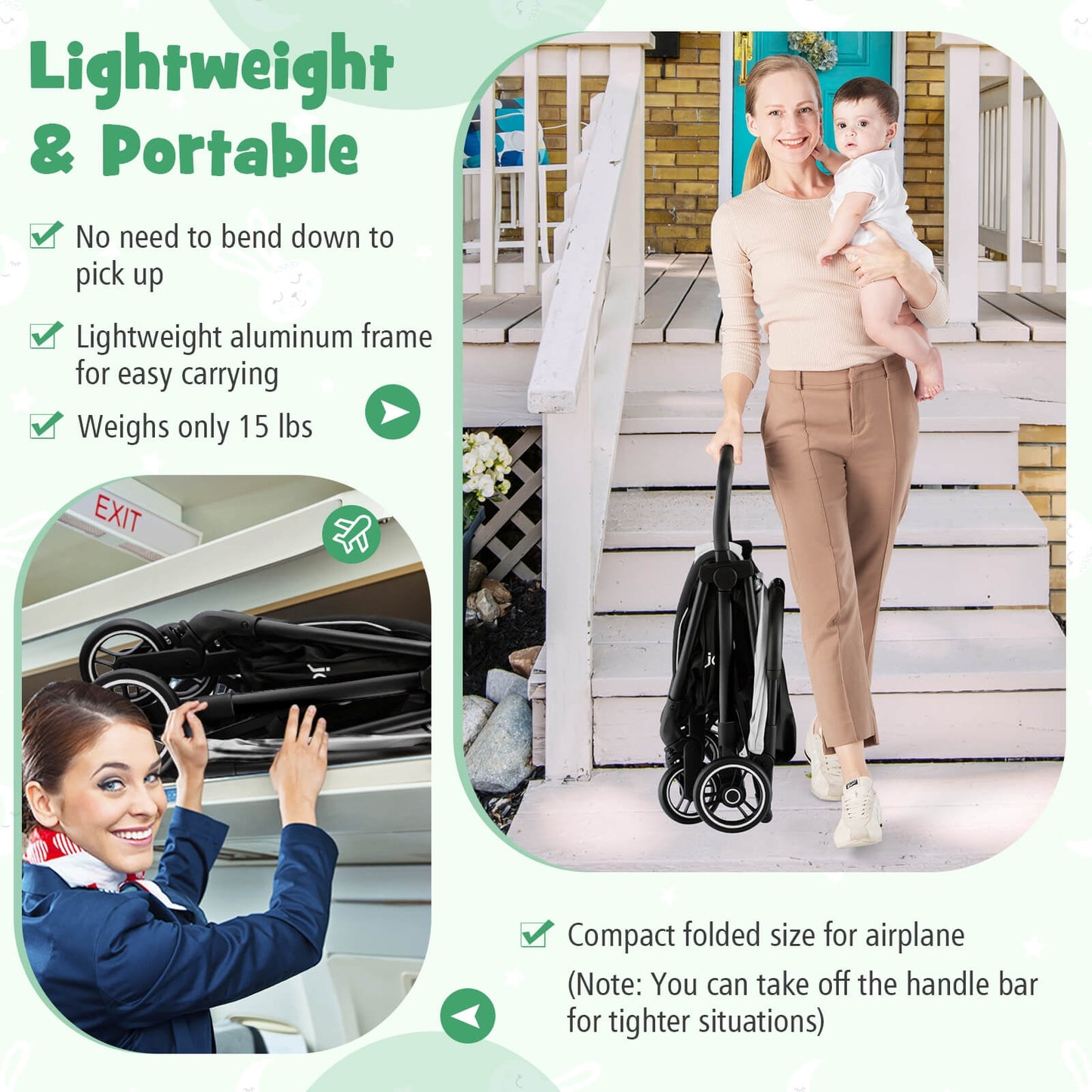 One-Hand Folding Portable Lightweight Baby Stroller with Aluminum Frame-Gray Kids Crystal