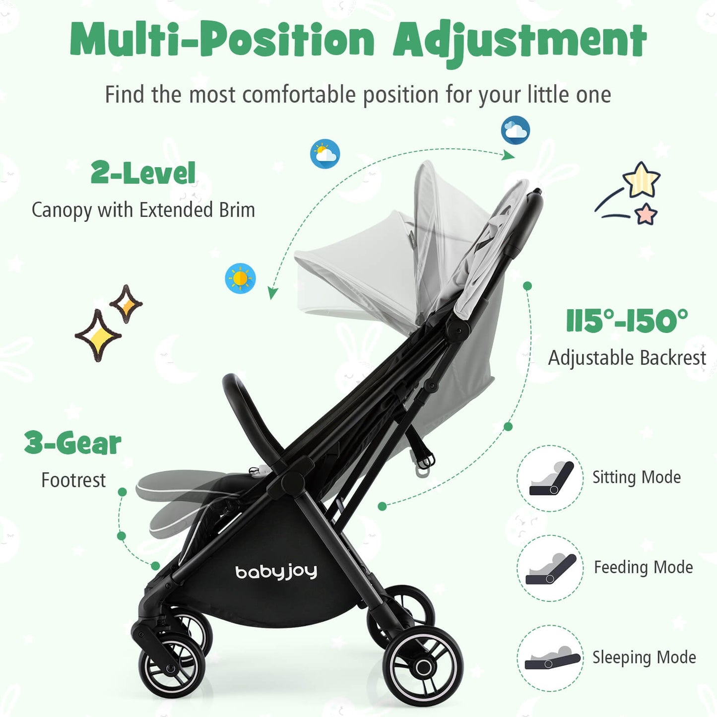 One-Hand Folding Portable Lightweight Baby Stroller with Aluminum Frame-Gray Kids Crystal
