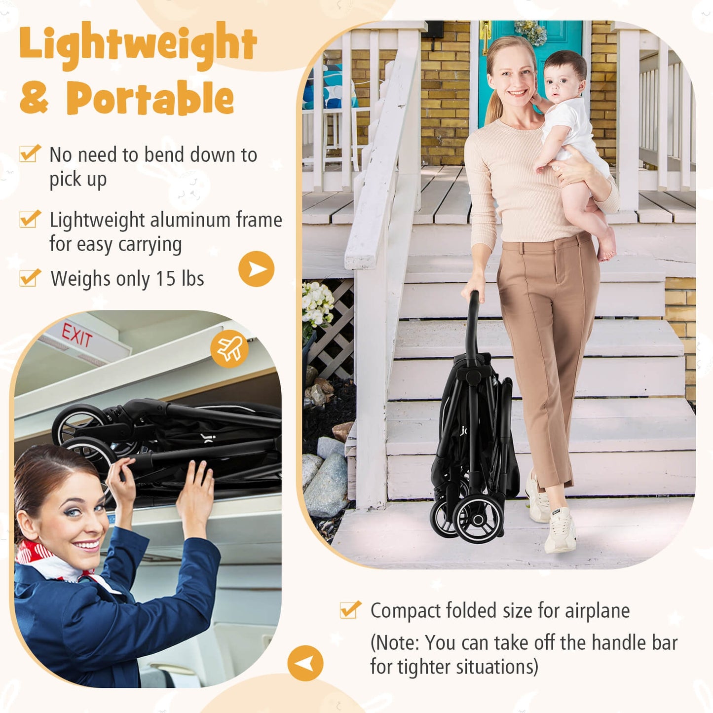 One-Hand Folding Portable Lightweight Baby Stroller with Aluminum Frame-Black Kids Crystal