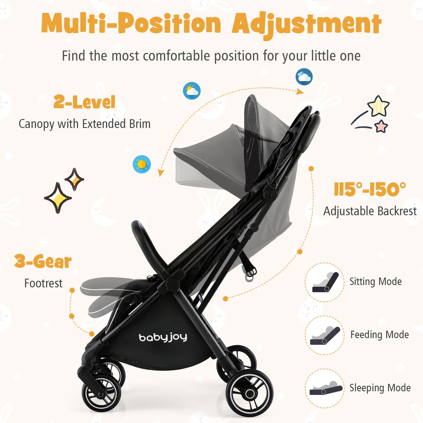 One-Hand Folding Portable Lightweight Baby Stroller with Aluminum Frame-Black Kids Crystal