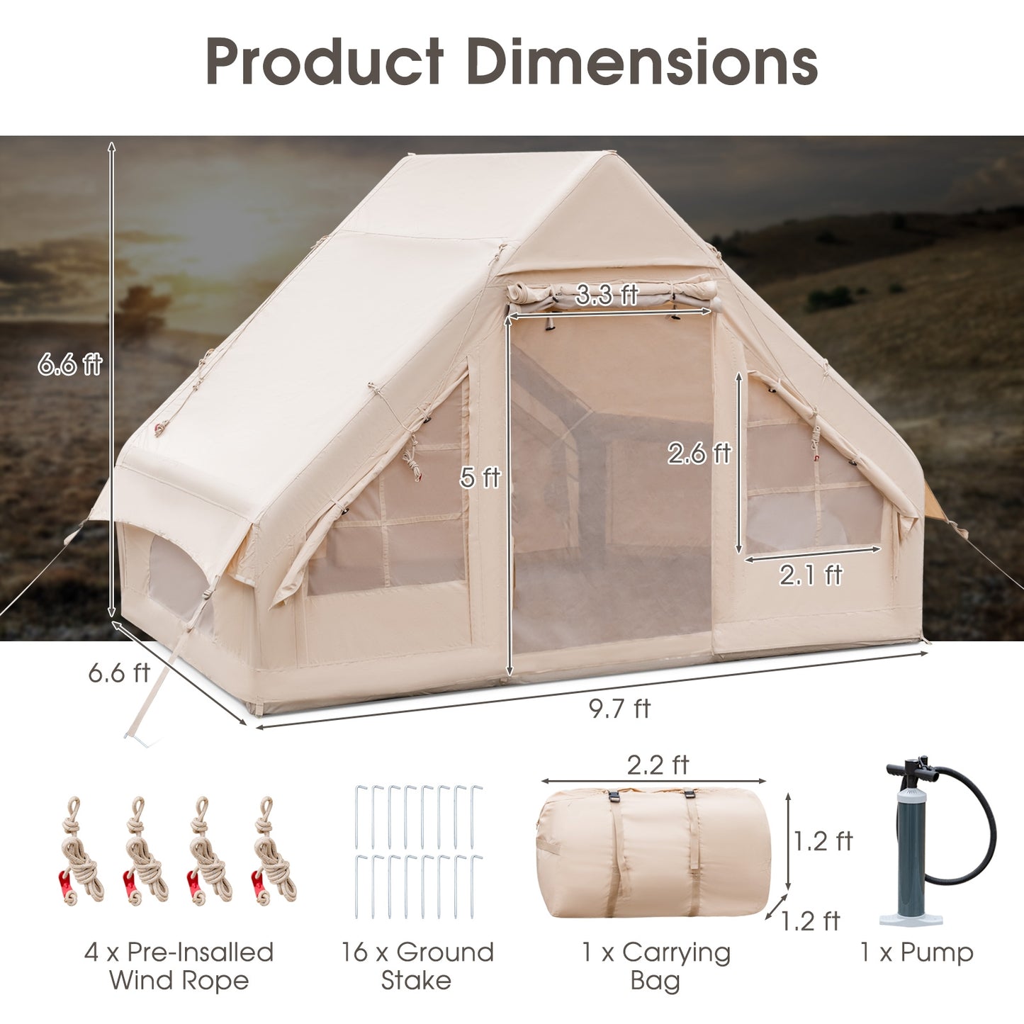 Inflatable Camping Tent 2/4/6 People Glamping Tent for Family Camping with Pump-Beige Kids Crystal