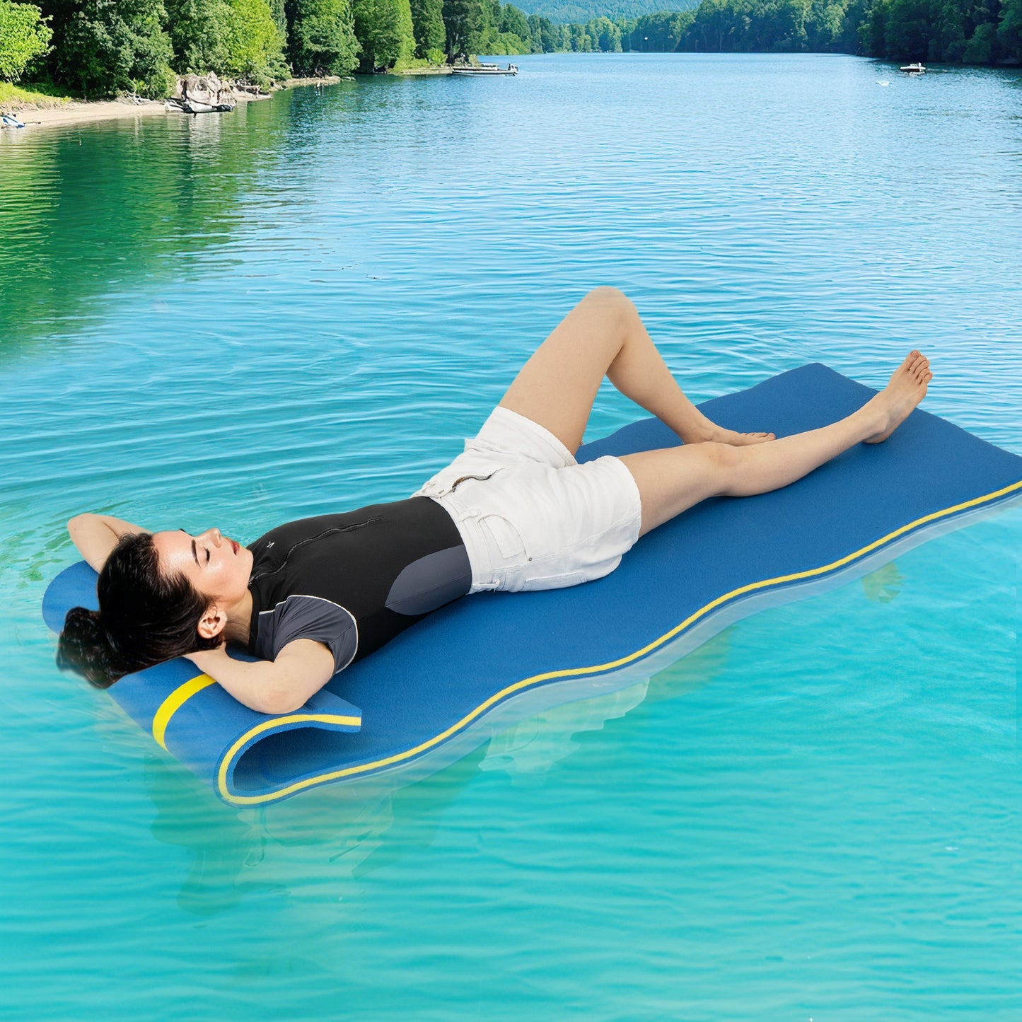 7 Inches x 2 Inches Water Mat with Safety Tether and Pillow Design for Lake and Pool-Blue Kids Crystal