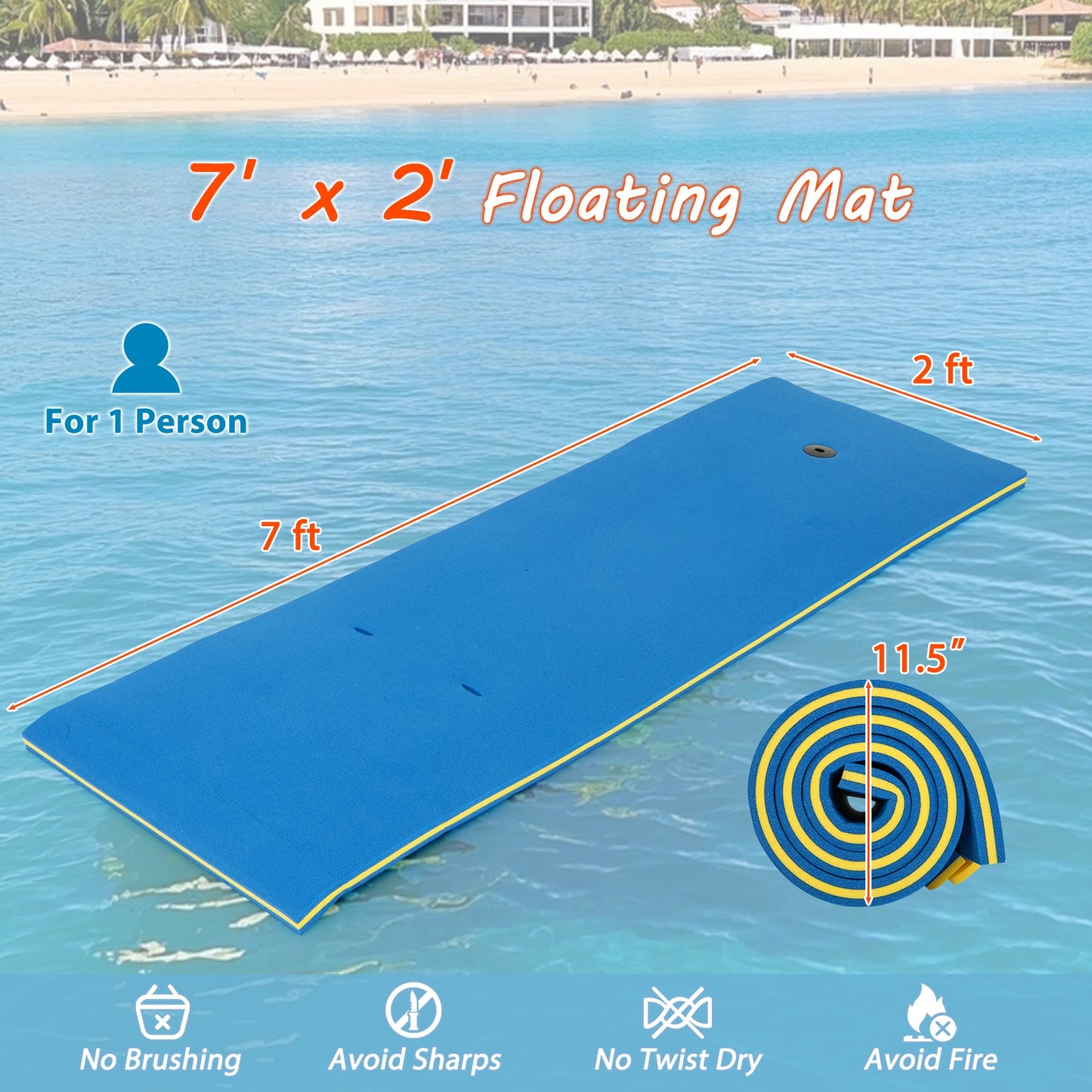 7 Inches x 2 Inches Water Mat with Safety Tether and Pillow Design for Lake and Pool-Blue Kids Crystal