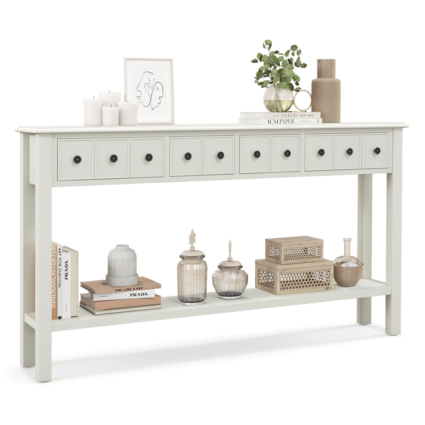 60 Inch Long Sofa Table with 4 Drawers and Open Shelf for Living Room-White Kids Crystal