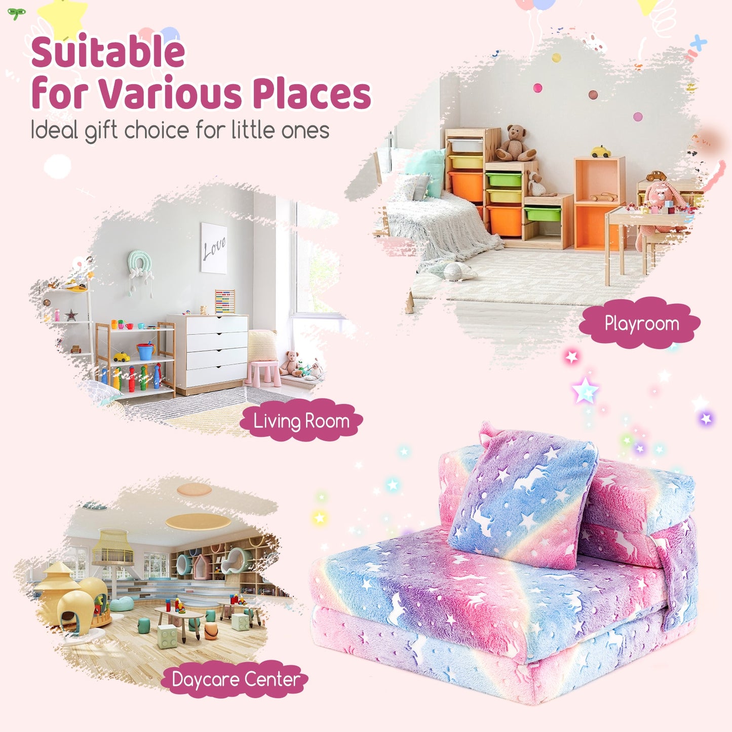 Kids Folding Sofa Bed Floor Mattress Glow in the Dark with Pillow-Multicolor
