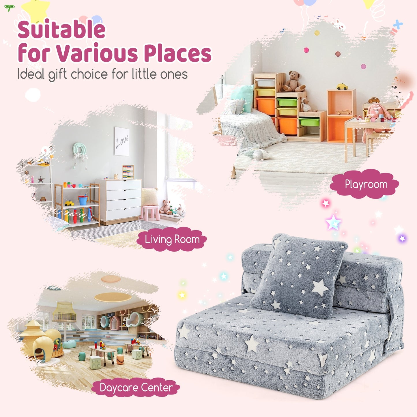 Kids Folding Sofa Bed Floor Mattress Glow in the Dark with Pillow-Gray