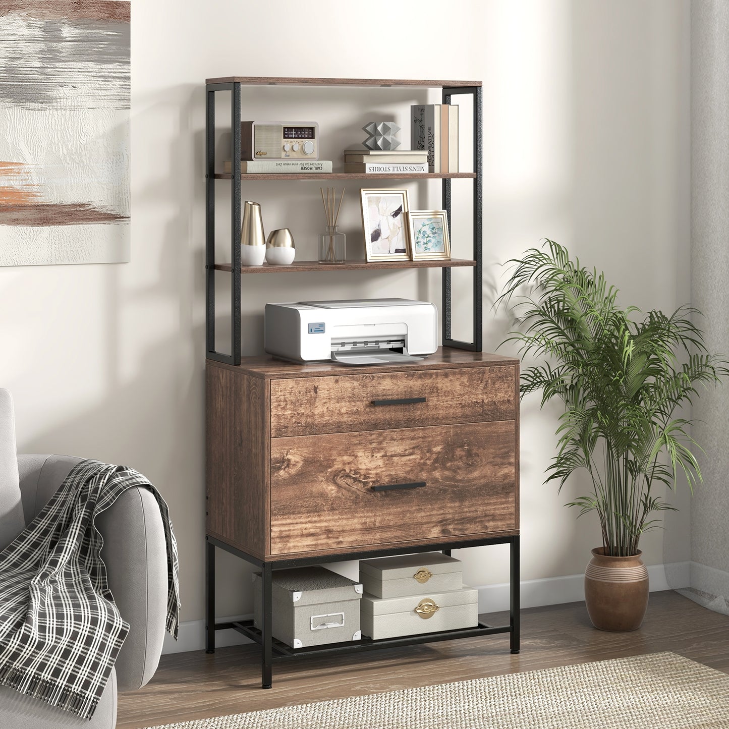 Freestanding File Cabinet with Charging Station and 3-Tier Open Shelves-Rustic Brown Kids Crystal