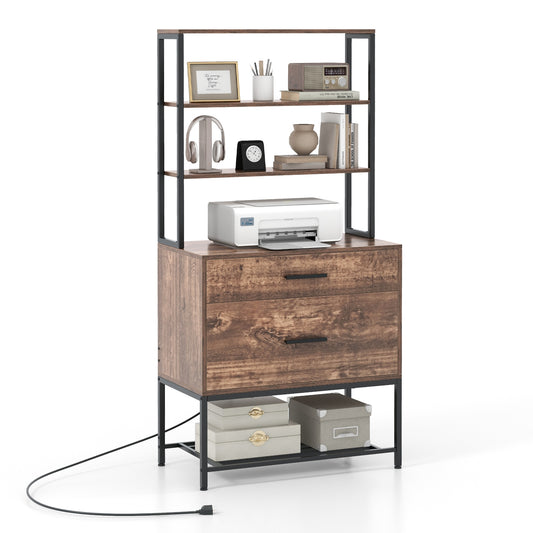 Freestanding File Cabinet with Charging Station and 3-Tier Open Shelves-Rustic Brown Kids Crystal