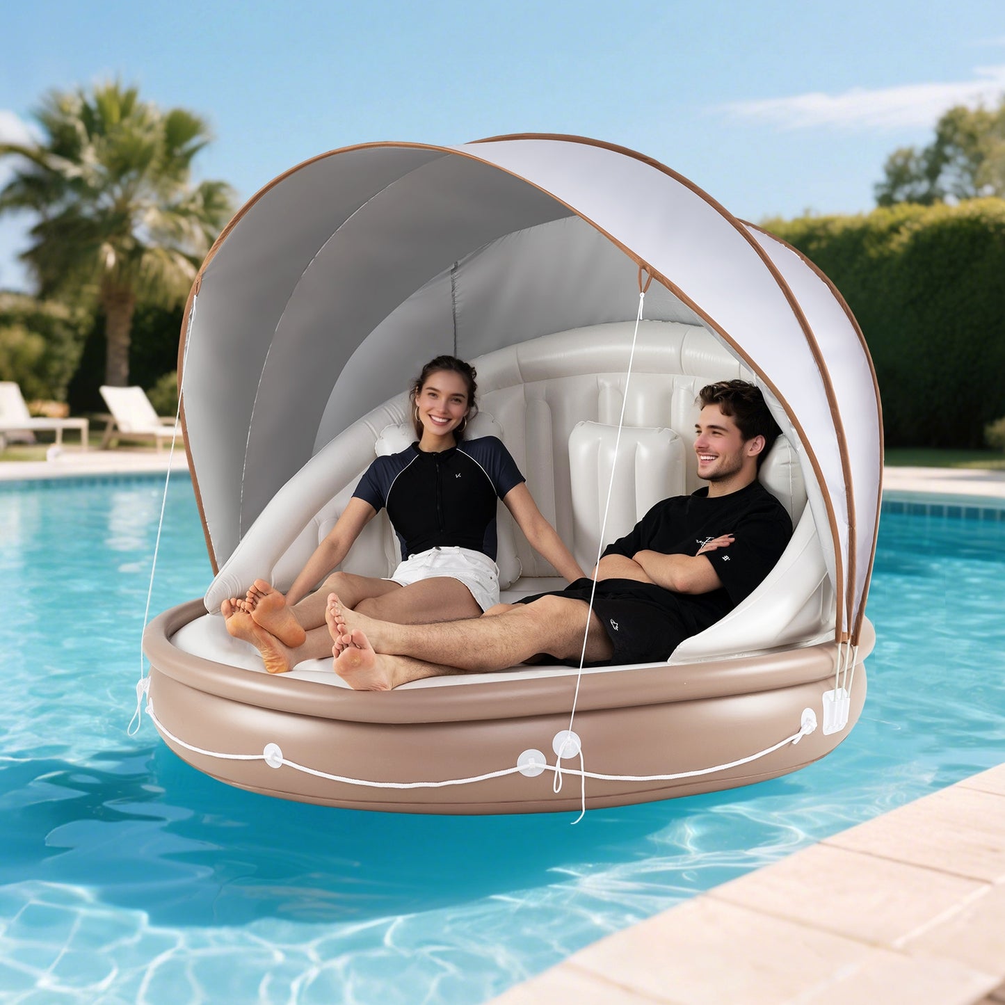 Inflatable Canopy Island Tanning Pool Lounger Float with Retractable Canopy Kids Crystal